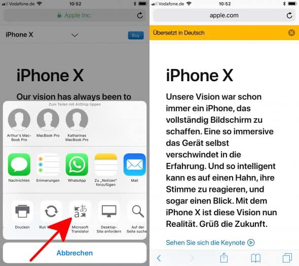 Safari-Webseiten übersetzen auf dem iPhone mit der Microsoft Translator-App
