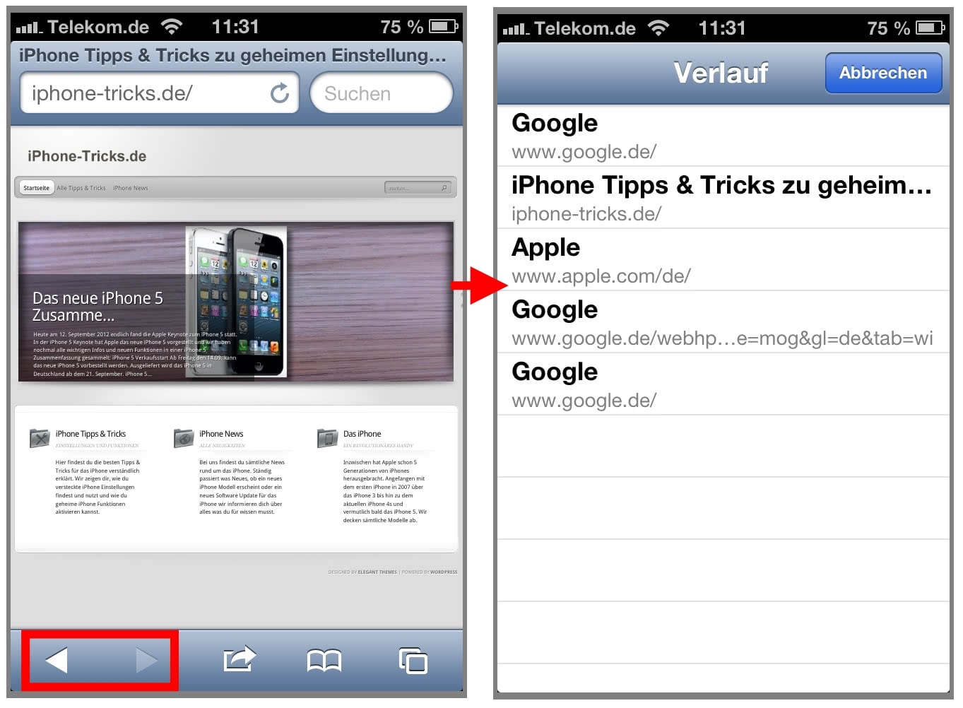 iOS6 Safari Verlauf iOS6 Safari Verlauf