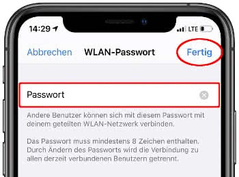 WLAN-Passwort für persönlichen Hotspot festlegen