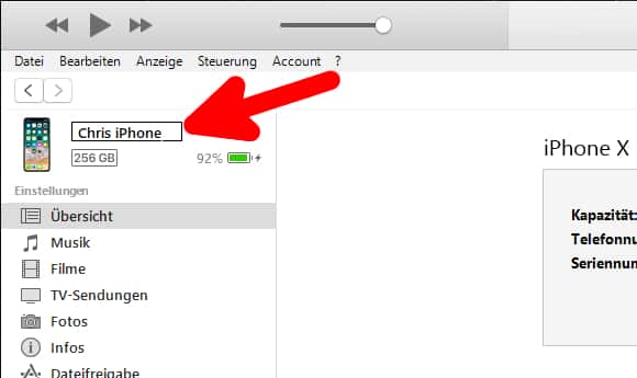 iPhone Namen ändern in iTunes