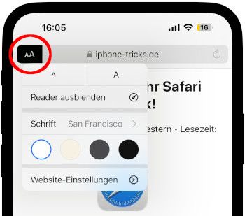 Safari Reader Einstellungen auf dem iPhone
