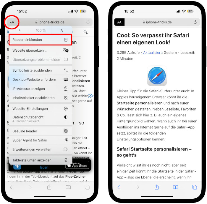 Reader Modus aktivieren in Safari auf dem iPhone