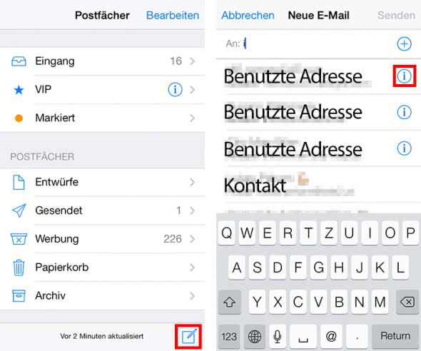 Am iPhone Mail-Adressen aus der Empfängerliste entfernen