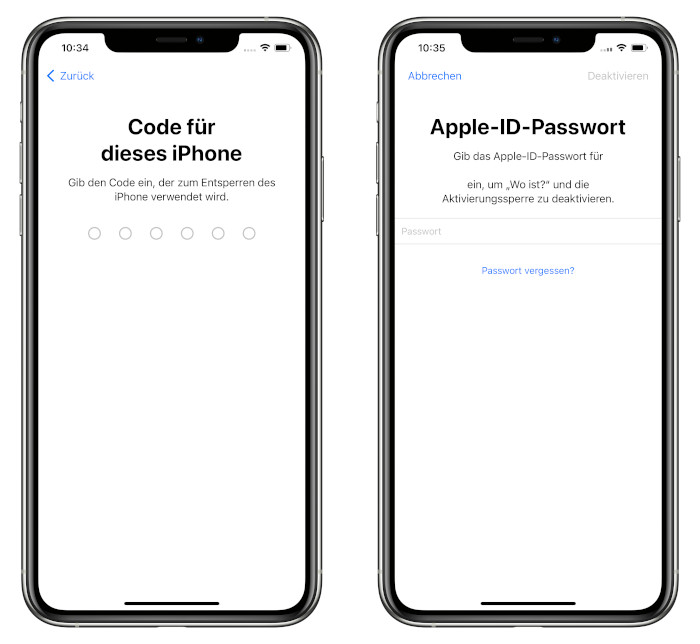 iPhone-Code und Apple-ID Passwort eingeben
