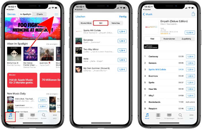Verlauf der Musikerkennung mit Siri im iTunes Store