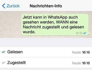 Nachrichteninfo in WhatsApp mit "Gelesen"- und "Zugestellt"-Zeiten