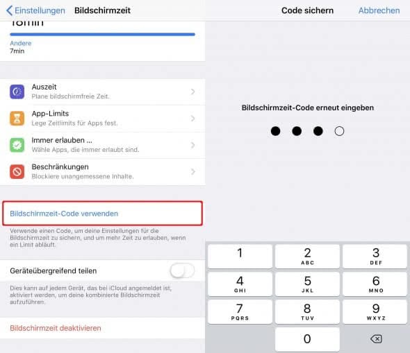 Bildschirmzeit-Code festlegen und iPhone Apps sperren