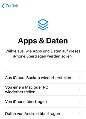 "Apps & Daten" Bildschirm während der Einrichtung des iPhones