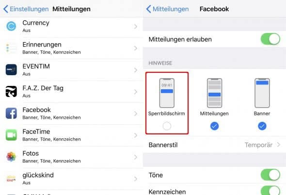 Mitteilungen am iPhone Sperrbildschirm deaktivieren