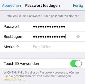 Passwort für alle geschützten Notizen festlegen & Touch ID aktivieren