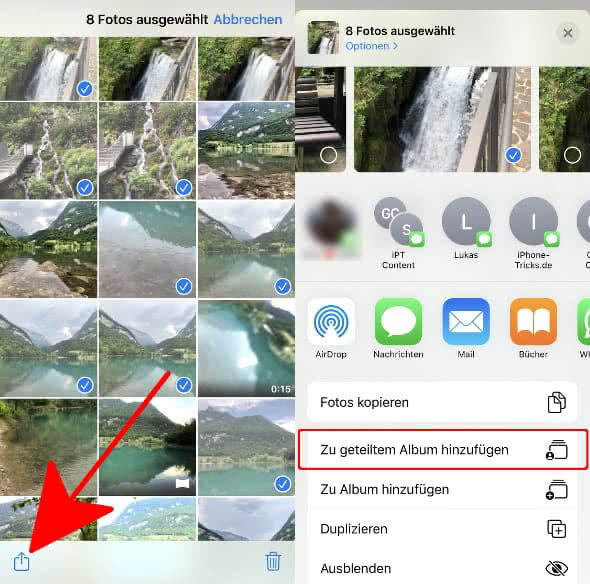 Fotos markieren in Fotos-App, auf Teilen-Button drücken und "Zu geteiltem Album hinzufügen" wählen