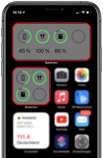 Batterien-Widget mit verbundenen Bluetooth-Geräten