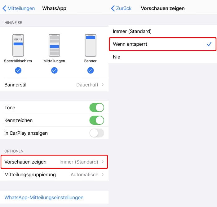 WhatsApp Mitteilungen Vorschau ausblenden am iPhone