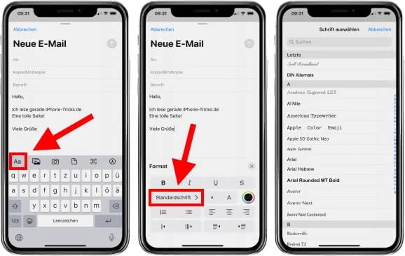 iPhone Schrift ändern im Mail Programm