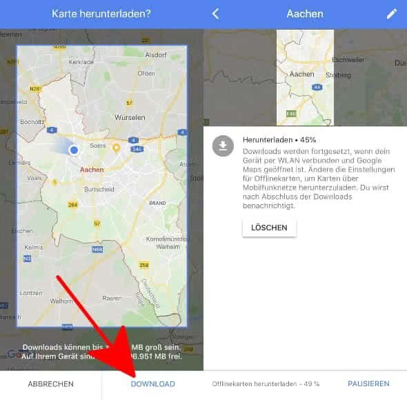 Google Maps Offlinekarten herunterladen mit einem Tipp auf "Download"