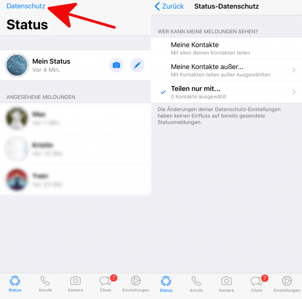 WhatsApp Status teilen mit Kontakten am iPhone