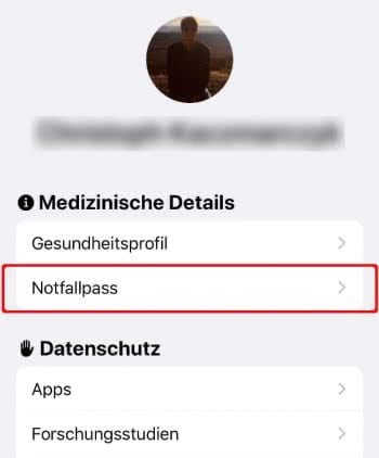 "Notfallpass" Option in der Apple Health-App