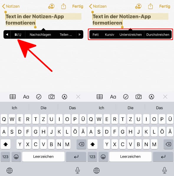 Text in der Notizen-App fett, kursiv, unterstreichen oder durchstreichen