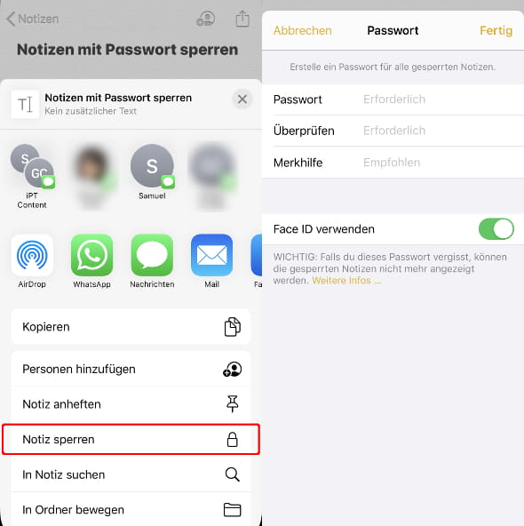 Notiz sperren mit Passwort, Face ID oder Touch ID
