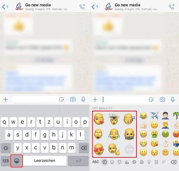 Auf die Smiley-Taste auf der Tastatur tippen und nach rechts wischen, um Memojis anzuzeigen