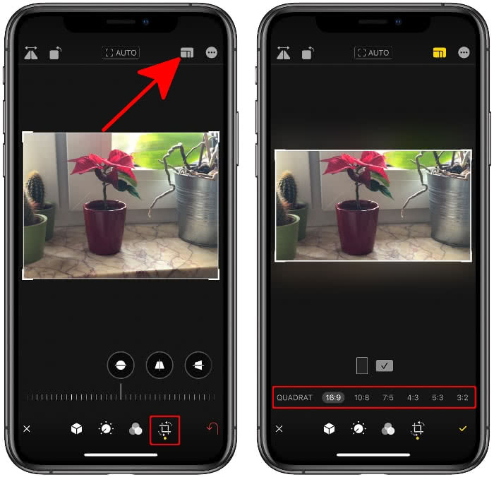 In der Fotos-App auf das Zuschneiden-Symbol tippen und das Icon mit den verschachtelten Vierecken wählen
