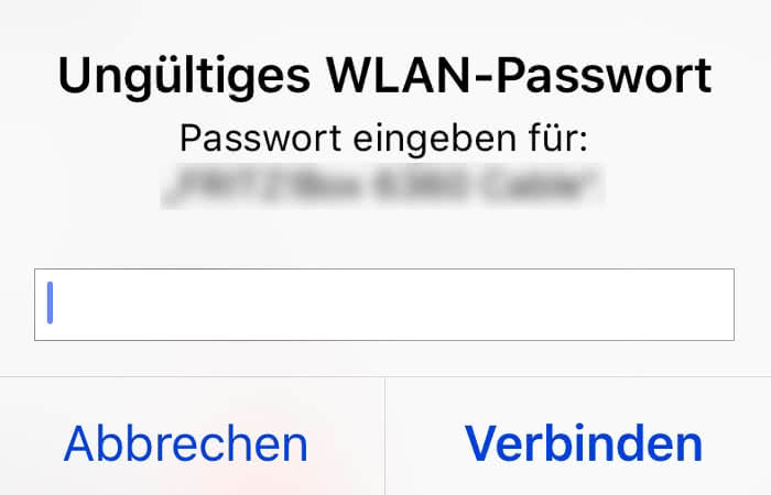 Ungültiges WLAN-Passwort Meldung
