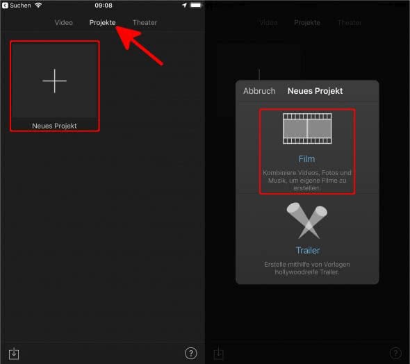 Neues Projet anlegen in der iMovie-App auf dem iPhone