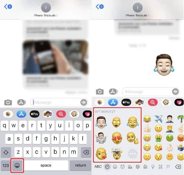 In iMessage auf Smiley-Taste drücken und nach rechts wischen, um Memoji Sticker anzuzeigen