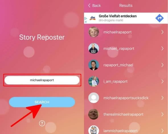 Profil suchen in der Story Reposter App am iPhone