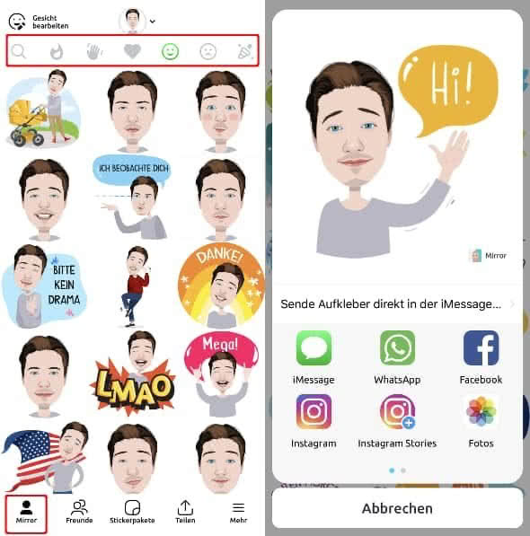 Eigenes Emoji auswählen und verschicken mit der Mirror-App auf dem iPhone