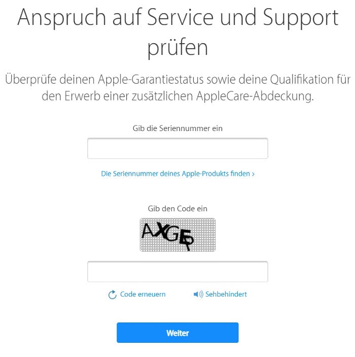 iPhone Garantiestatus überprüfen auf Apple-Webseite