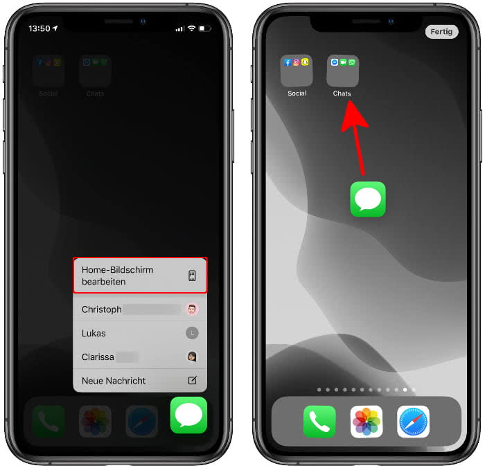 App aus iPhone-Dock bewegen und auf den Homescreen oder in Ordner ziehen