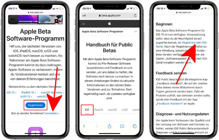 iOS Gerät für iOS 15 Public Beta registrieren