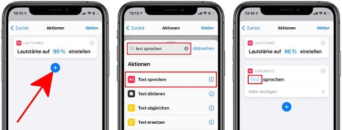 "Text sprechen" Aktion wählen in der Kurzbefehle-App