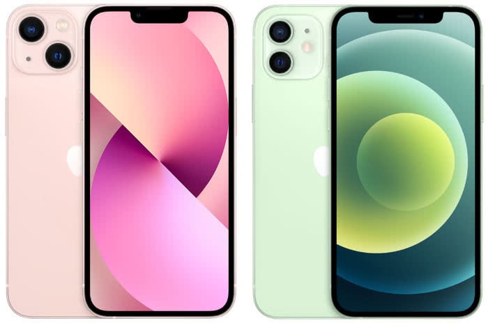 iPhone 13 (links) mit deutlich kleinerer "Notch" als das iPhone 12 (rechts)