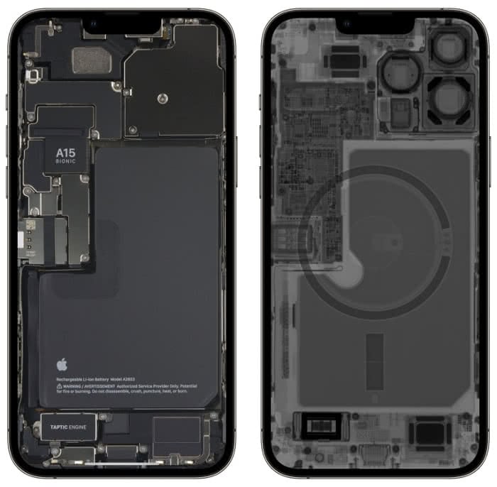 "Teardown"- und "X-ray"-Hintergrundbilder auf dem iPhone 13 Pro Max