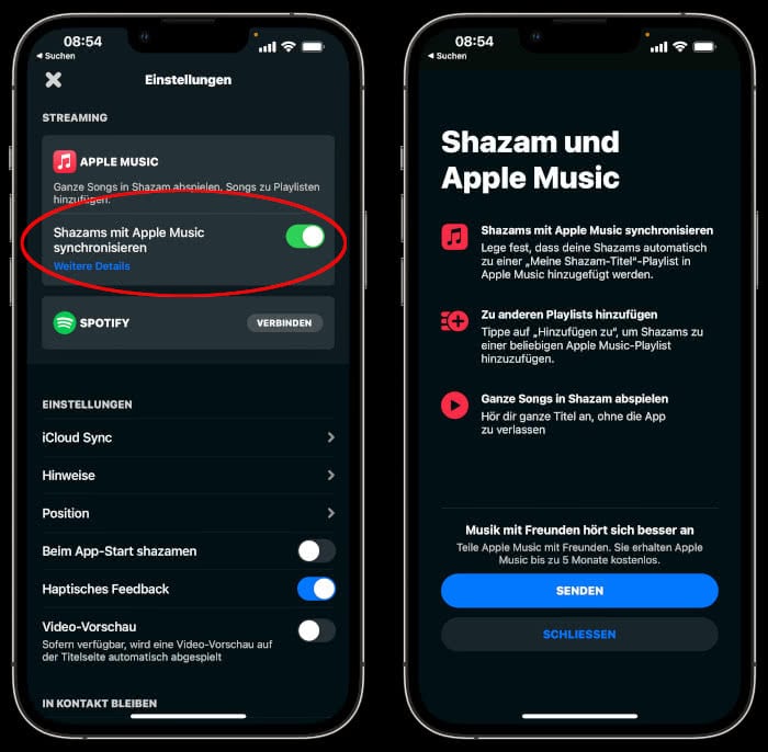 Shazam App Einstellungen Apple Music Hinweis