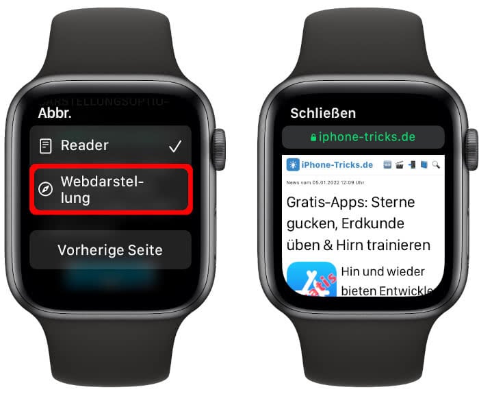 Apple Watch Browser Webdarstellung einstellen