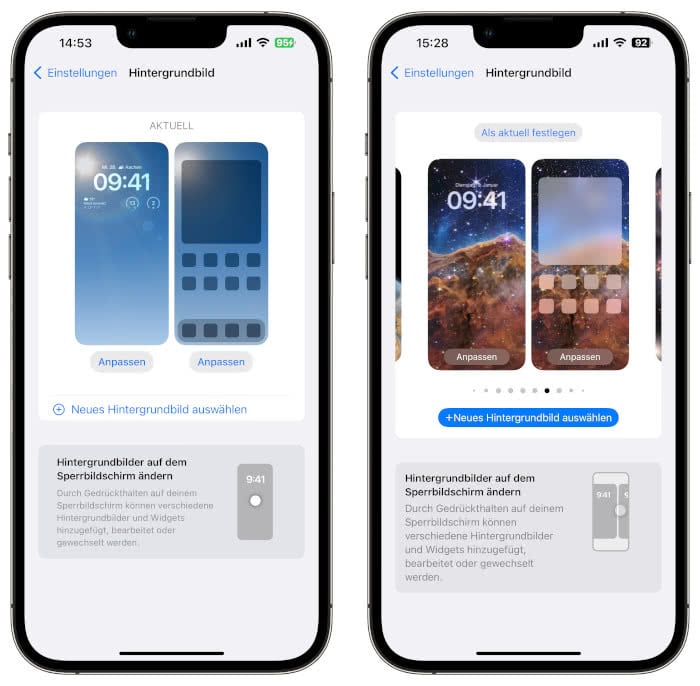Hintergrundbild-Menü in den Einstellungen vorher (links) und in iOS 16.1 Beta 3 (rechts).