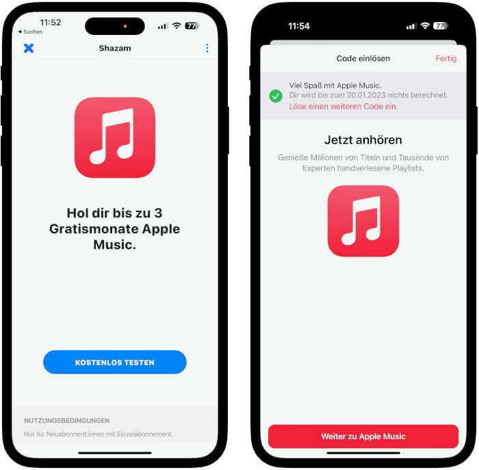 Apple Music Gratismonate über Shazam buchen