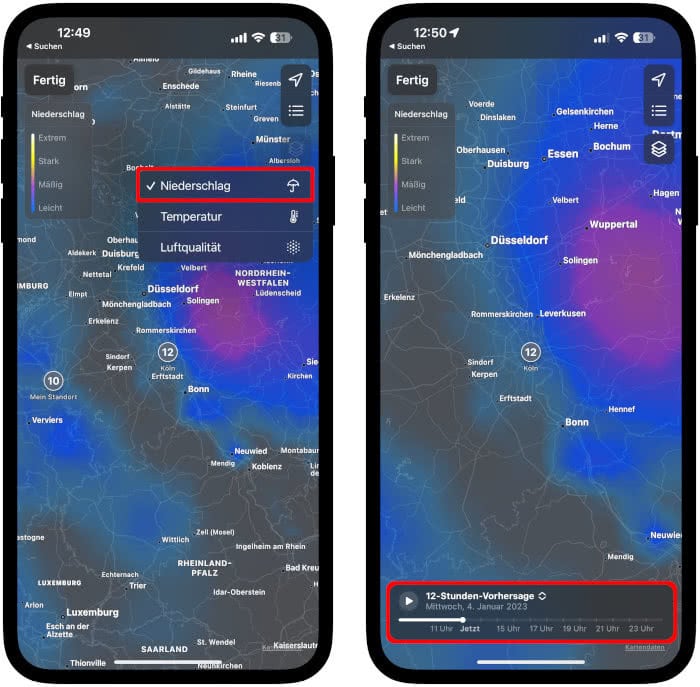 12-Stunden-Vorhersage in der Wetter-App