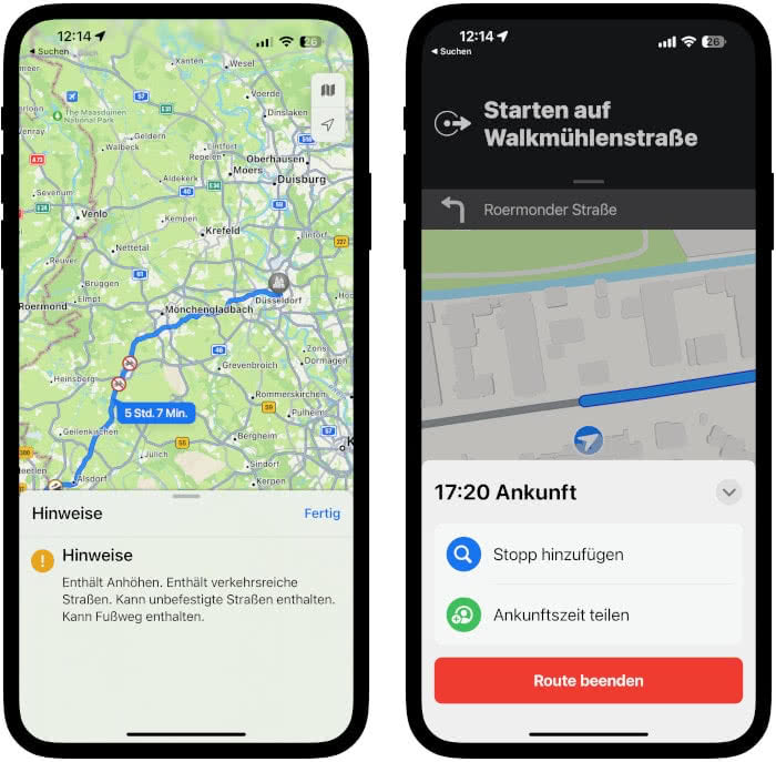 Fahrradnavigation in der Karten-App