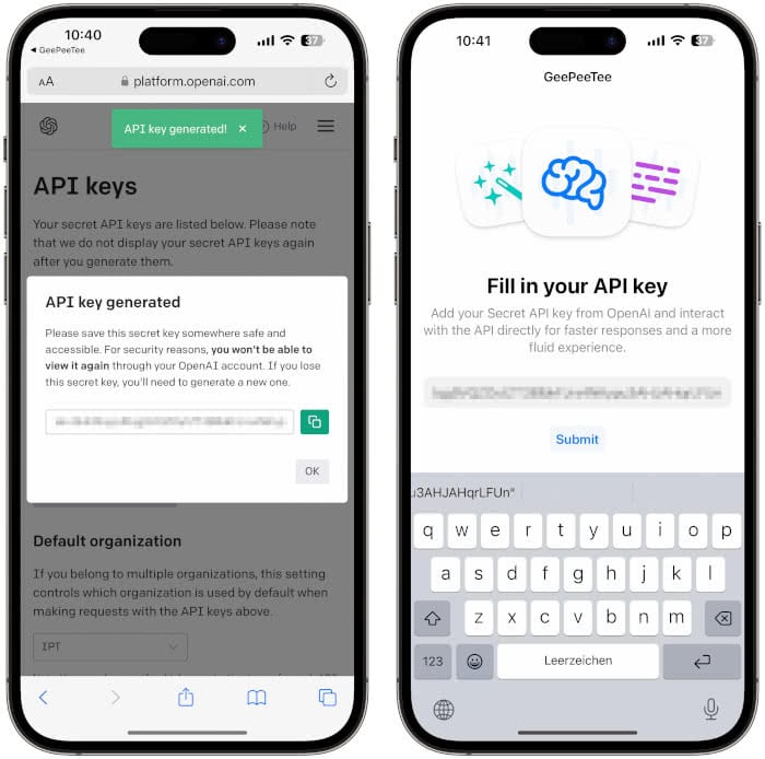 API-Key eingeben in "GeePeeTee"-App