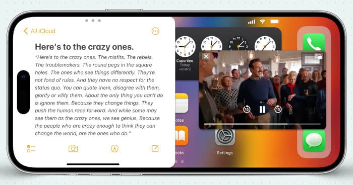 iPhone-Homescreen in der Queransicht mit Multitasking und Splitscreen