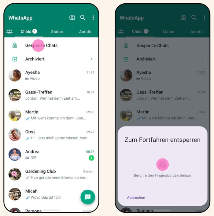 WhatsApp Chatsperre-Funktion Screenshots