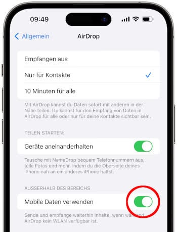 iOS 17.1 Beta AirDrop über mobile Daten