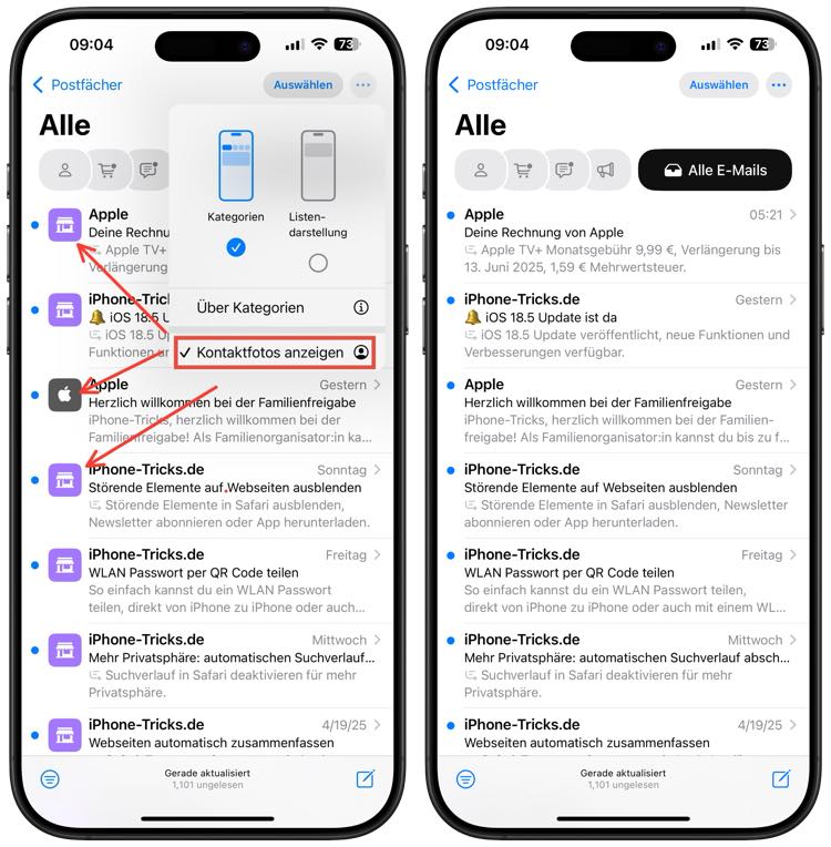 Kontaktfotos in der Mail-App ausblenden