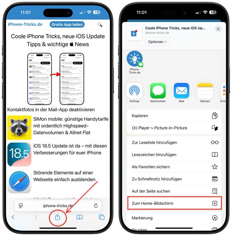 Webseite zum Homebildschirm hinzufügen