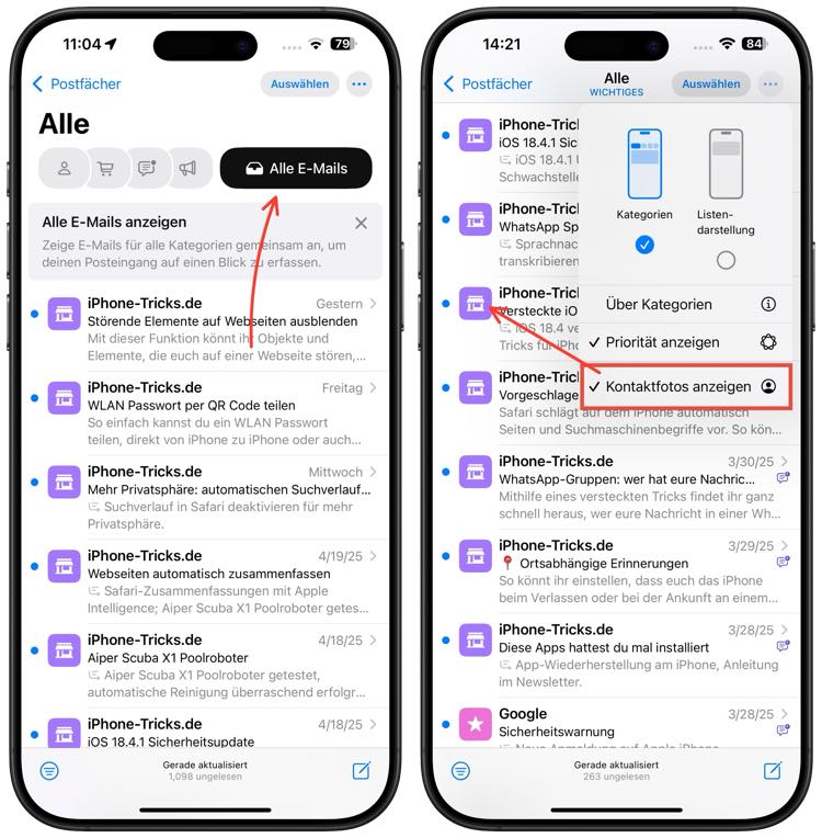 iOS 18.5 Alle Emails anzeigen & Kontakfotos abschalten