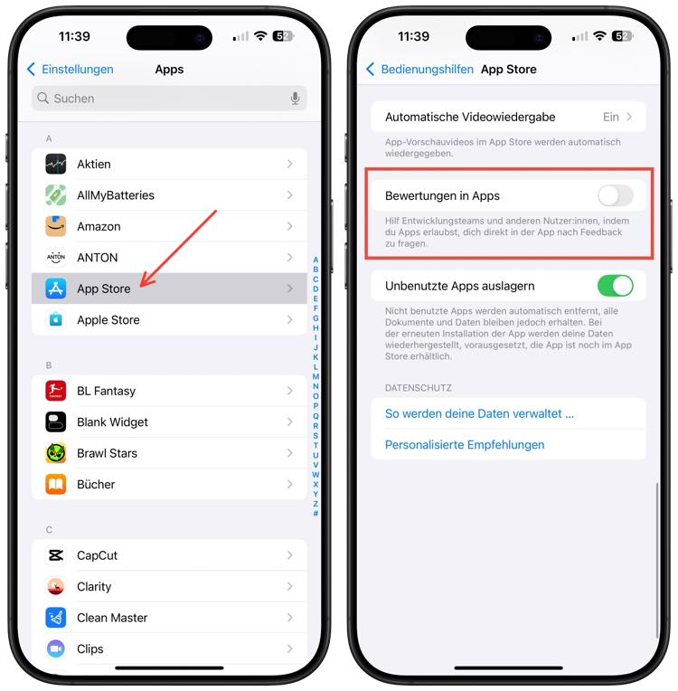 App Bewertungen ausschalten